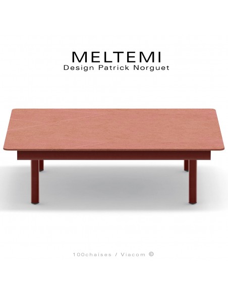 Table basse carré plateau en grès cérame rose/orange MELTEMI, structure aluminium peint Terracotta pour salon de jardin.