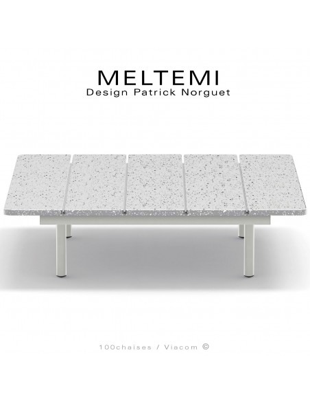 Table basse carré plateau en acier émaillé blanc MELTEMI, structure aluminium peint blanc perle pour salon de jardin.