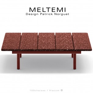 Table basse carré plateau en acier émaillé terracotta MELTEMI, structure aluminium peint terracotta pour salon de jardin.