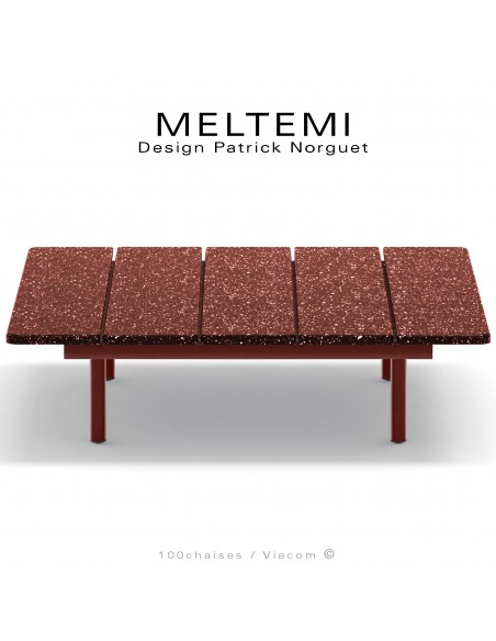 Table basse carré plateau en acier émaillé terracotta MELTEMI, structure aluminium peint terracotta pour salon de jardin.