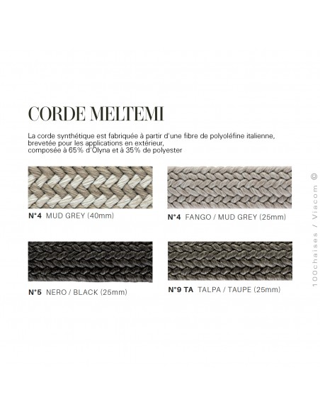 Palette de couleurs pour le cordage des accoudoirs du fauteuil lounge Meltemi Rope.