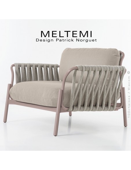 Fauteuil Lounge Extérieur – Tressage Corde Marine beige & Structure Aluminium peint rose | Mobilier de Terrasse.