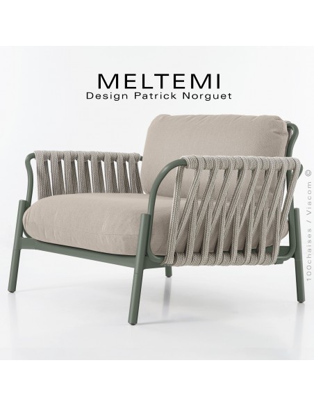 Fauteuil Lounge Extérieur – Tressage Corde Marine beige & Structure Aluminium peint verte | Mobilier de Terrasse.