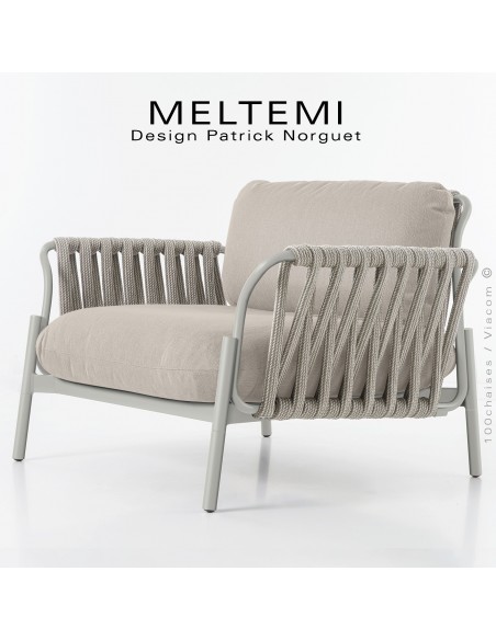 Fauteuil Lounge Extérieur – Tressage Corde Marine beige & Structure Aluminium blanc perle | Mobilier de Terrasse.