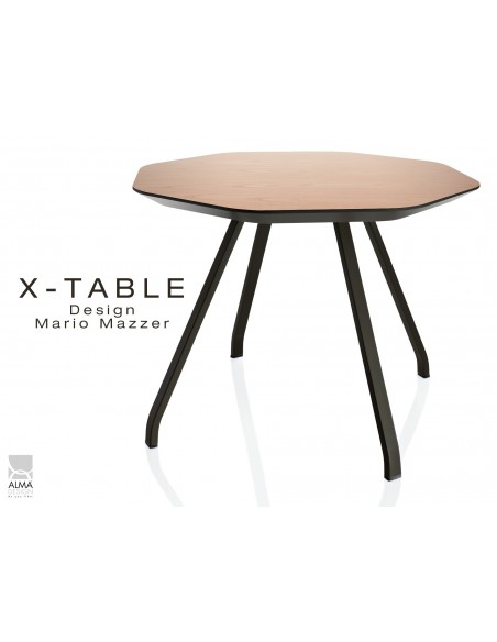 X-TABLE piétement acier, pour salon, hall et salle d'attente - Plateau Chêne naturel.
