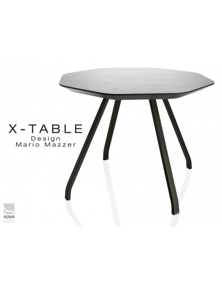 X-TABLE piétement acier, pour salon, hall et salle d'attente - Plateau Frêne teinté gris.