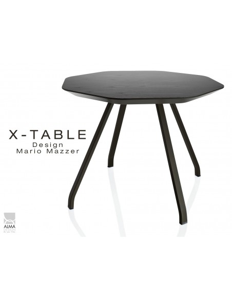 X-TABLE piétement acier, pour salon, hall et salle d'attente - Plateau Frêne teinté gris fer foncé.