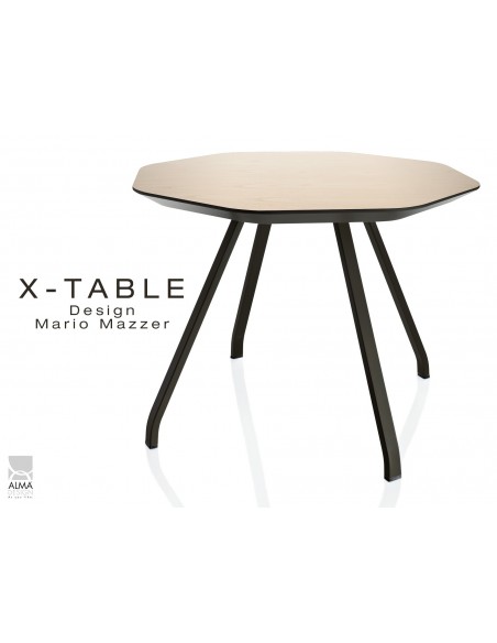 X-TABLE piétement acier, pour salon, hall et salle d'attente - Plateau Frêne naturel.