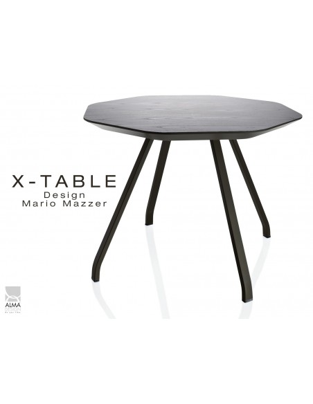 X-TABLE piétement acier, pour salon, hall et salle d'attente - Plateau Frêne teinté noir.