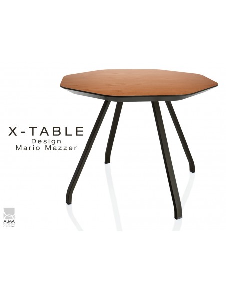 X-TABLE piétement acier, pour salon, hall et salle d'attente - Plateau finition noyer.