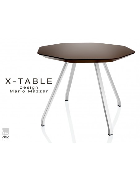 Table d'appoint X-TABLE COULEUR piétement acier blanc, plateau marron.