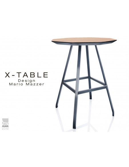 X-TABLE mi-haute piétement acier anthracite, plateau en bois de Frêne finition Chêne naturel.