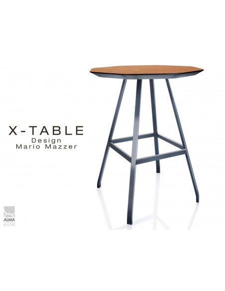 X-TABLE mi-haute piétement acier anthracite, plateau en bois de Frêne finition Noyer.