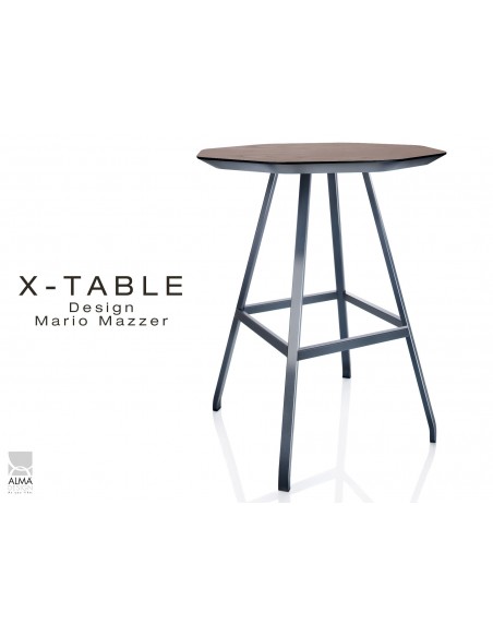 X-TABLE mi-haute piétement acier anthracite, plateau en bois de Frêne finition wengé.