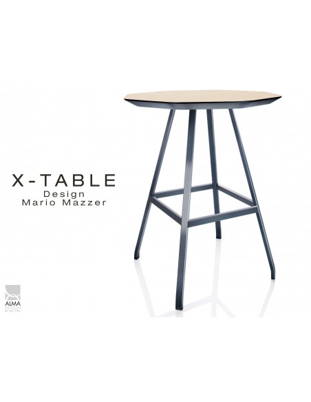 X-TABLE mi-haute piétement acier anthracite, plateau en bois de Frêne finition Frêne naturel.