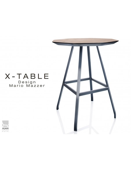X-TABLE mi-haute piétement acier anthracite, plateau en bois de Frêne finition Frêne Noyer.