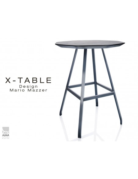 X-TABLE mi-haute piétement acier anthracite, plateau en bois de Frêne finition Frêne teinté noir.