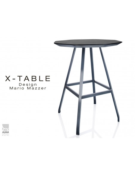 X-TABLE mi-haute piétement acier anthracite, plateau en bois de Frêne finition Frêne gris fer foncé.