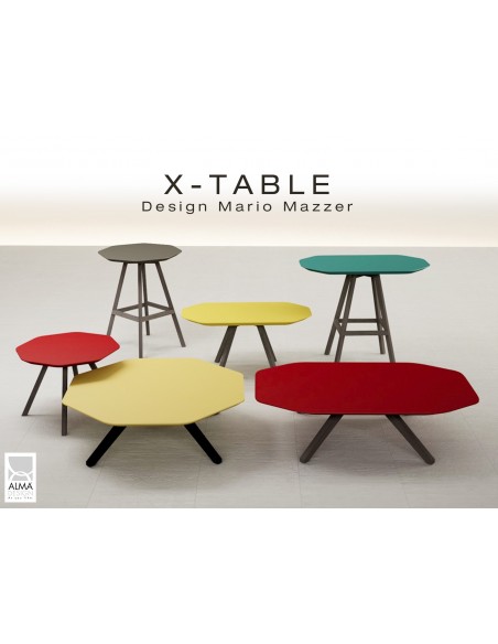 X-TABLE collection piétement acier ou bois plateau en bois de Frêne ou MDF laquée.