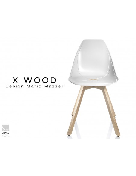 X-WOOD chaise design coque piétement bois Naturel, coque blanche- lot de 4 chaises