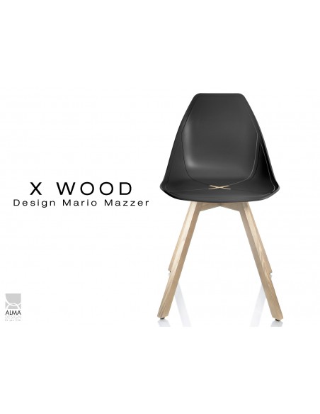 X-WOOD chaise design coque piétement bois Naturel coque noir - lot de 4 chaises
