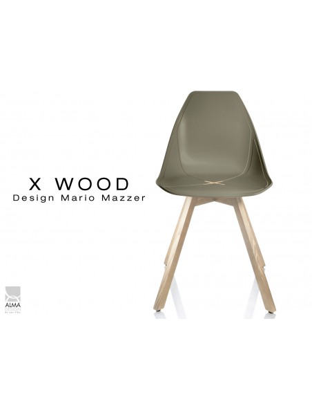 X-WOOD chaise design coque piétement bois Naturel coque vert militaire - lot de 4 chaises