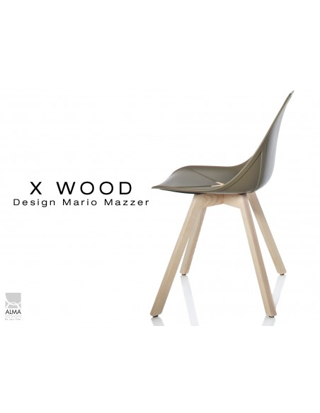 X-WOOD chaise design coque piétement bois Naturel coque vert militaire - lot de 4 chaises