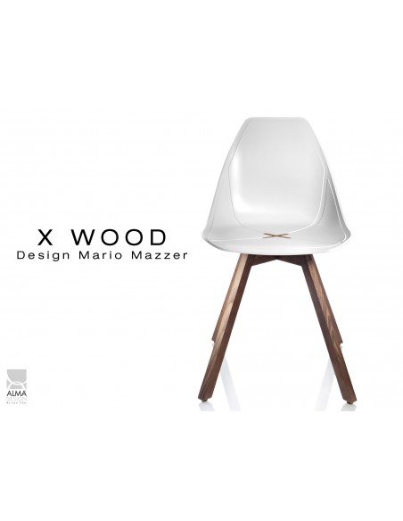 X-WOOD chaise design coque piétement bois Noyer coque blanche - lot de 4 chaises