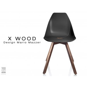 X-WOOD chaise design coque piétement bois Noyer coque noir - lot de 4 chaises