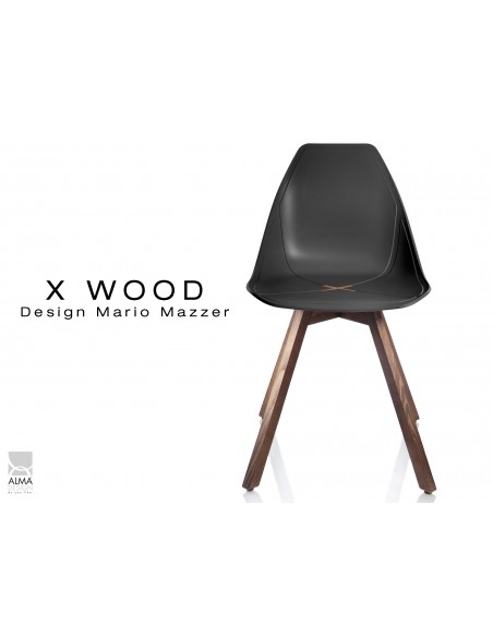 X-WOOD chaise design coque piétement bois Noyer coque noir - lot de 4 chaises