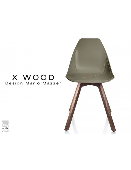 X-WOOD chaise design coque piétement bois Noyer coque vert militaire - lot de 4 chaises