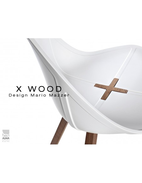 X-WOOD chaise design coque piétement bois Noyer coque blanche - lot de 4 chaises