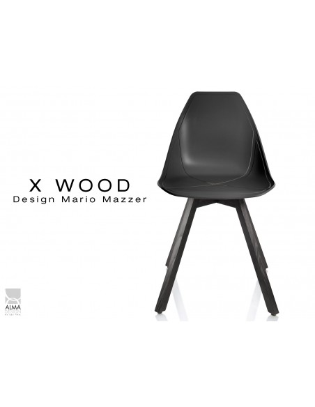 X-WOOD chaise design coque piétement bois gris fer coque noir - lot de 4 chaises