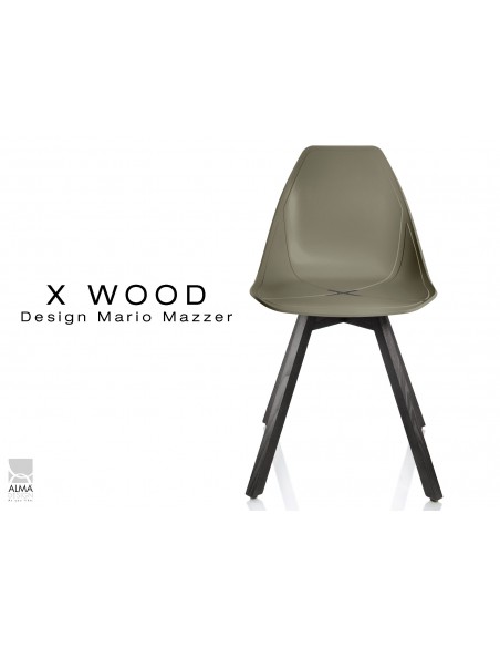 X-WOOD chaise design coque piétement bois gris fer coque vert militaire - lot de 4 chaises