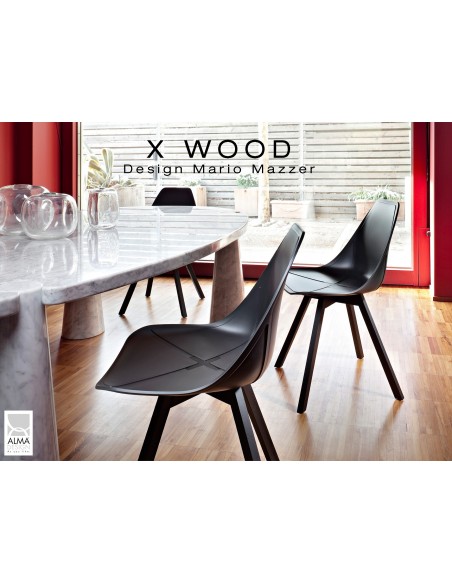 X-WOOD chaise design coque piétement bois gris fer coque noir - lot de 4 chaises