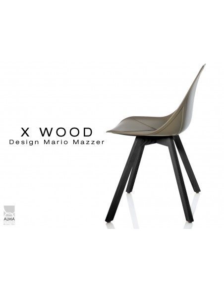 X-WOOD chaise design coque piétement bois gris fer coque vert militaire - lot de 4 chaises