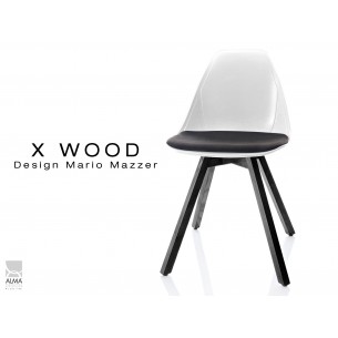 X-WOOD chaise design coque blanche et coussin noir piétement bois gris fer - lot de 4 chaises