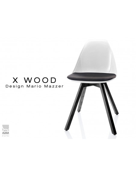 X-WOOD chaise design coque blanche et coussin noir piétement bois gris fer - lot de 4 chaises