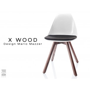 X-WOOD chaise design coque blanche et coussin noir piétement bois Noyer - lot de 4 chaises