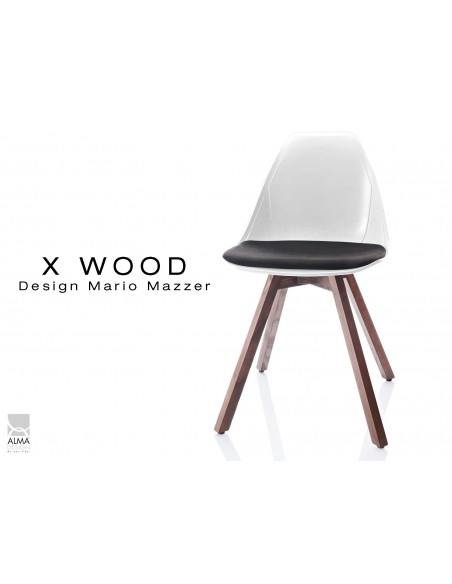 X-WOOD chaise design coque blanche et coussin noir piétement bois Noyer - lot de 4 chaises