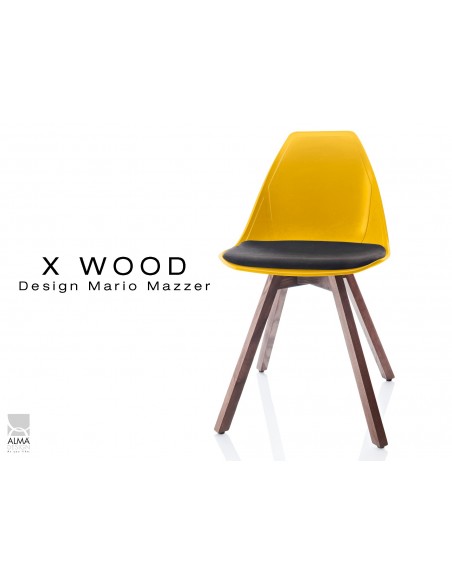 X-WOOD chaise design coque jaune et coussin noir piétement bois Noyer - lot de 4 chaises