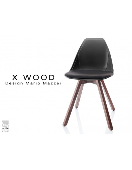 X-WOOD chaise design coque noir et coussin noir piétement bois Noyer - lot de 4 chaises