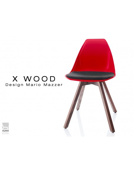 X-WOOD chaise design coque rouge et coussin noir piétement bois Noyer - lot de 4 chaises