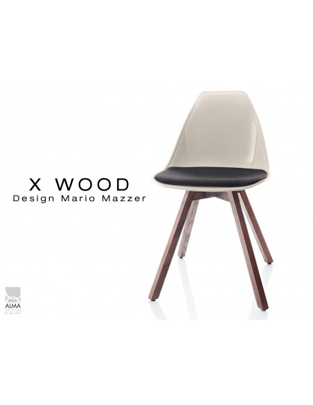 X-WOOD chaise design coque sable clair et coussin noir piétement bois Noyer - lot de 4 chaises