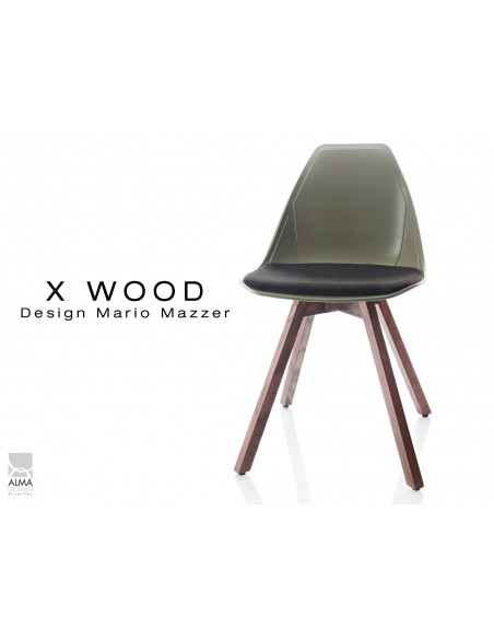 X-WOOD chaise design coque vert militaire et coussin noir piétement bois Noyer - lot de 4 chaises