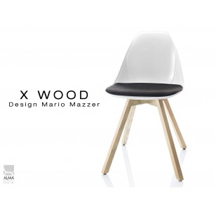 X-WOOD chaise design coque blanche et coussin noir piétement bois Naturel - lot de 4 chaises