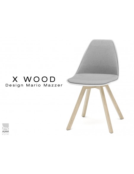 X-WOOD chaise design assise capitonnée gris clair, coque blanche, piétement bois naturel - lot de 4 chaises