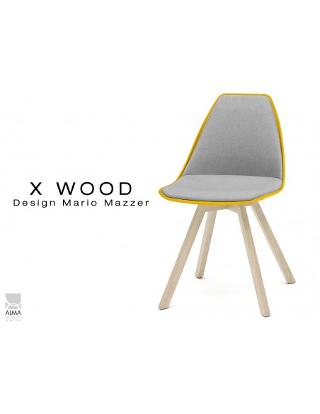 X-WOOD chaise design assise capitonnée gris clair, coque jaune, piétement bois naturel - lot de 4 chaises