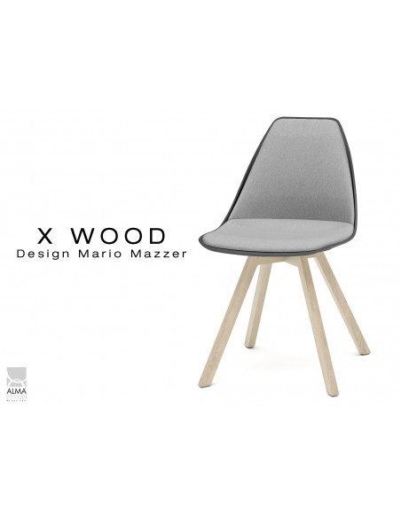 X-WOOD chaise design assise capitonnée gris clair, coque noir, piétement bois naturel - lot de 4 chaises