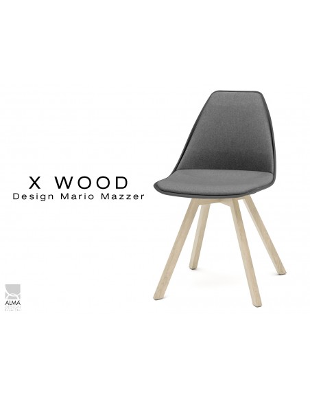 X-WOOD chaise design assise capitonnée gris, coque noir, piétement bois naturel - lot de 4 chaises